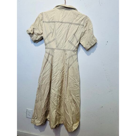 ROSETTA GETTY x RTR Beige Twill Collared Short Sleeve Bone Stitching Dress 0 - Picture 9 of 14
